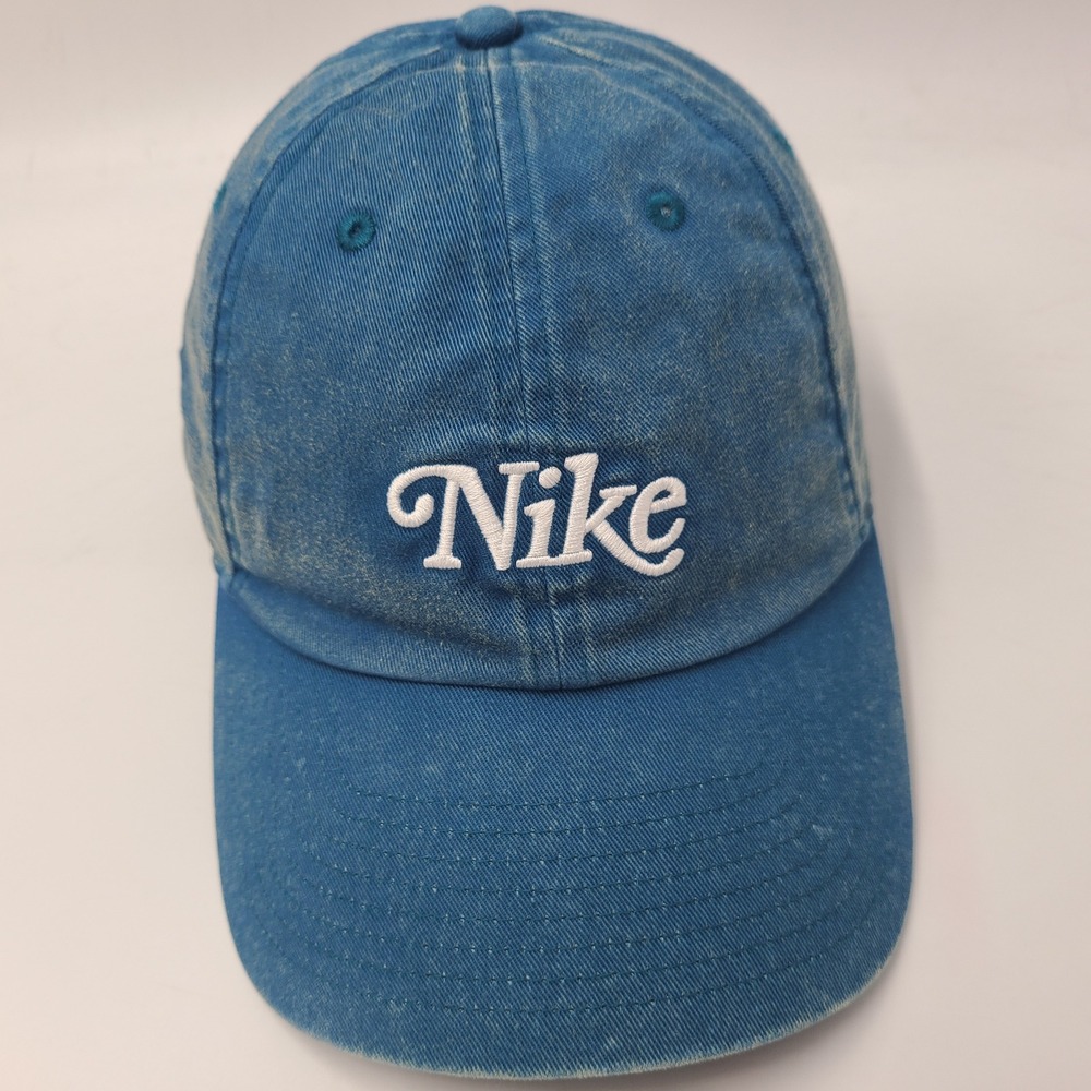 Nike Hat Strapback Blue White Leather Strap Heritage86 1972 Script Logo Dad Men